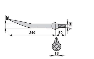Hřeb bran zahnutý, 20 x 240 mm, M16, hrana-plocha - 