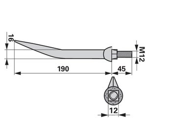 Hřeb bran zahnutý, 16x190 mm, M12, hrana-plocha - 
