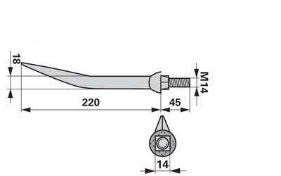Hřeb bran zahnutý, 18 x 220 mm, M14, hrana-plocha - 