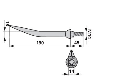 Hřeb bran zahnutý, 18 x 190 mm, M14, hrana-plocha - 