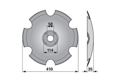 Disk podmítače ozubený, 410 mm, 4 díry, roztečná kružnice 114 mm, síla 5 mm - 