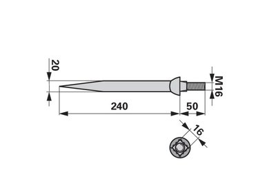 Hřeb bran rovný, 20 x 240 mm, M16, hrana-hrana - 