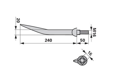 Hřeb bran zahnutý, 20 x 240 mm, M16, hrana-hrana - 