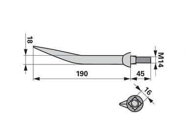 Hřeb bran zahnutý, 18 x 190 mm, M14, hrana-hrana - 