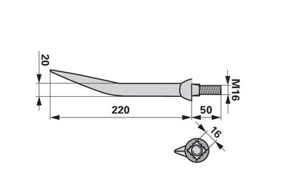 Hřeb bran zahnutý, 20 x 220 mm, M16, hrana-hrana - 
