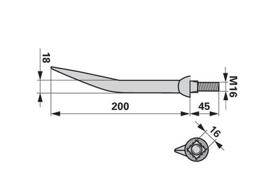Hřeb bran zahnutý, 18 x 200 mm, M16, hrana-hrana - 