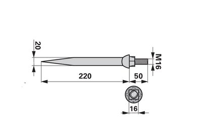 Hřeb bran rovný, 20 x 220 mm, M16, hrana-plocha - 