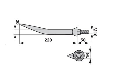 Hřeb bran zahnutý, 20 x 220 mm, M16, hrana-plocha - 
